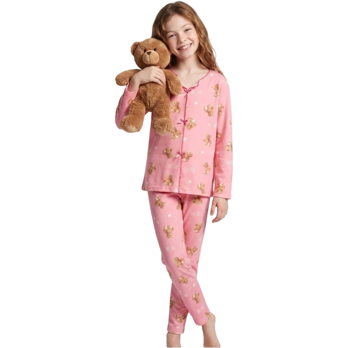 Ayı Desenli Fiyonklu Pijama Takım