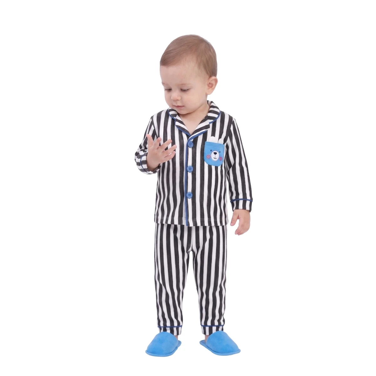 Ayıcık Cepli Çizgili Terlikli Yakalı Pijama Takım 12 Ay - 3 Yaş