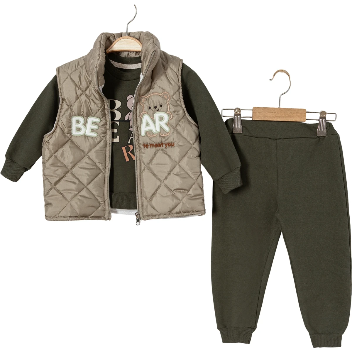 Bear-Embroidered Vest Set