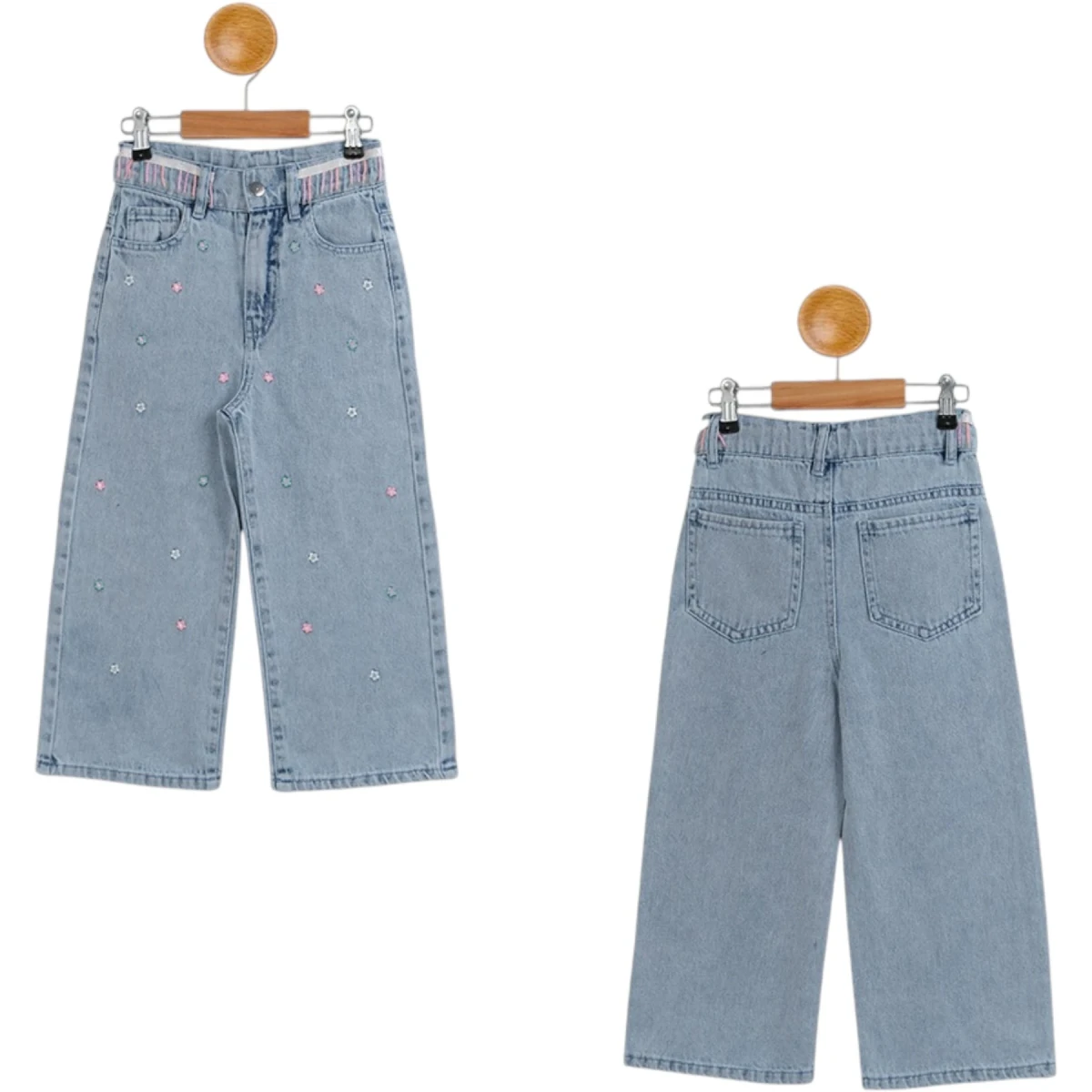 Waist Belted Beaded Embroidered Girl Denim Trousers