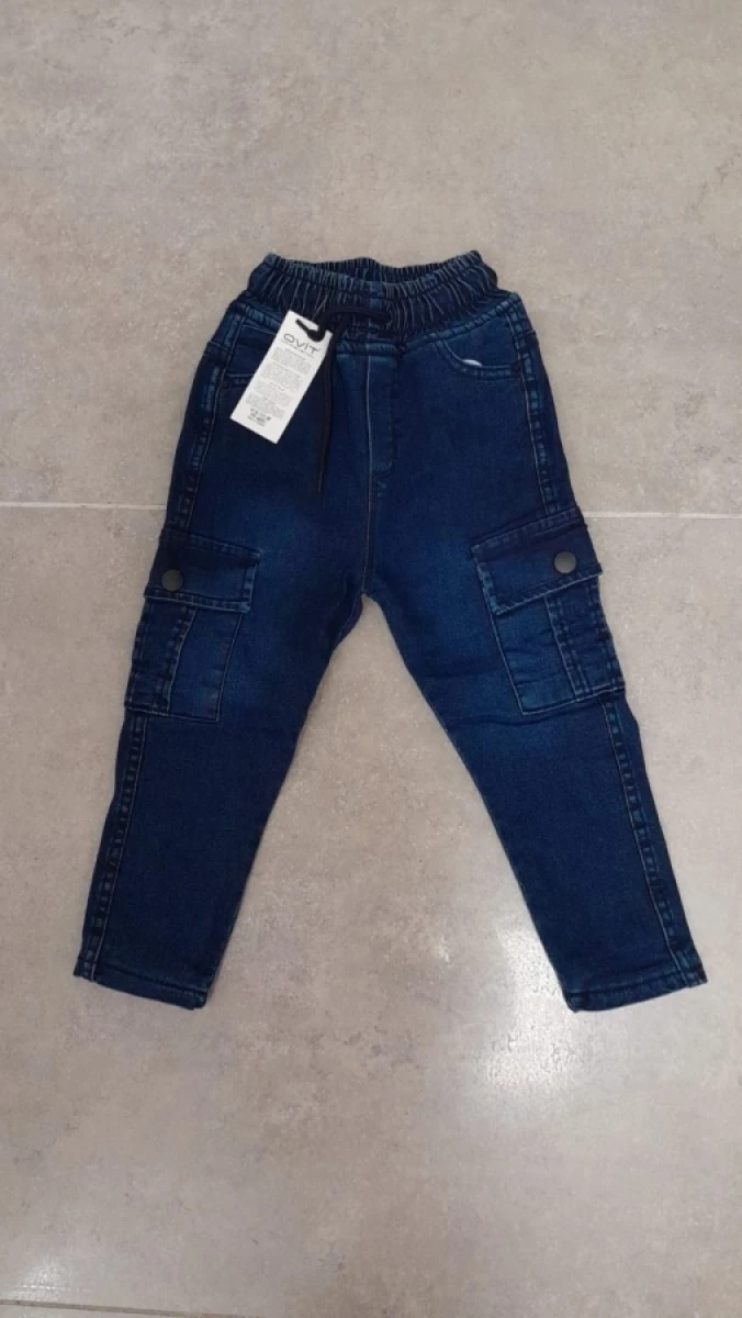 Elastic-Waist Fleece-Lined Denim Cargo Trousers