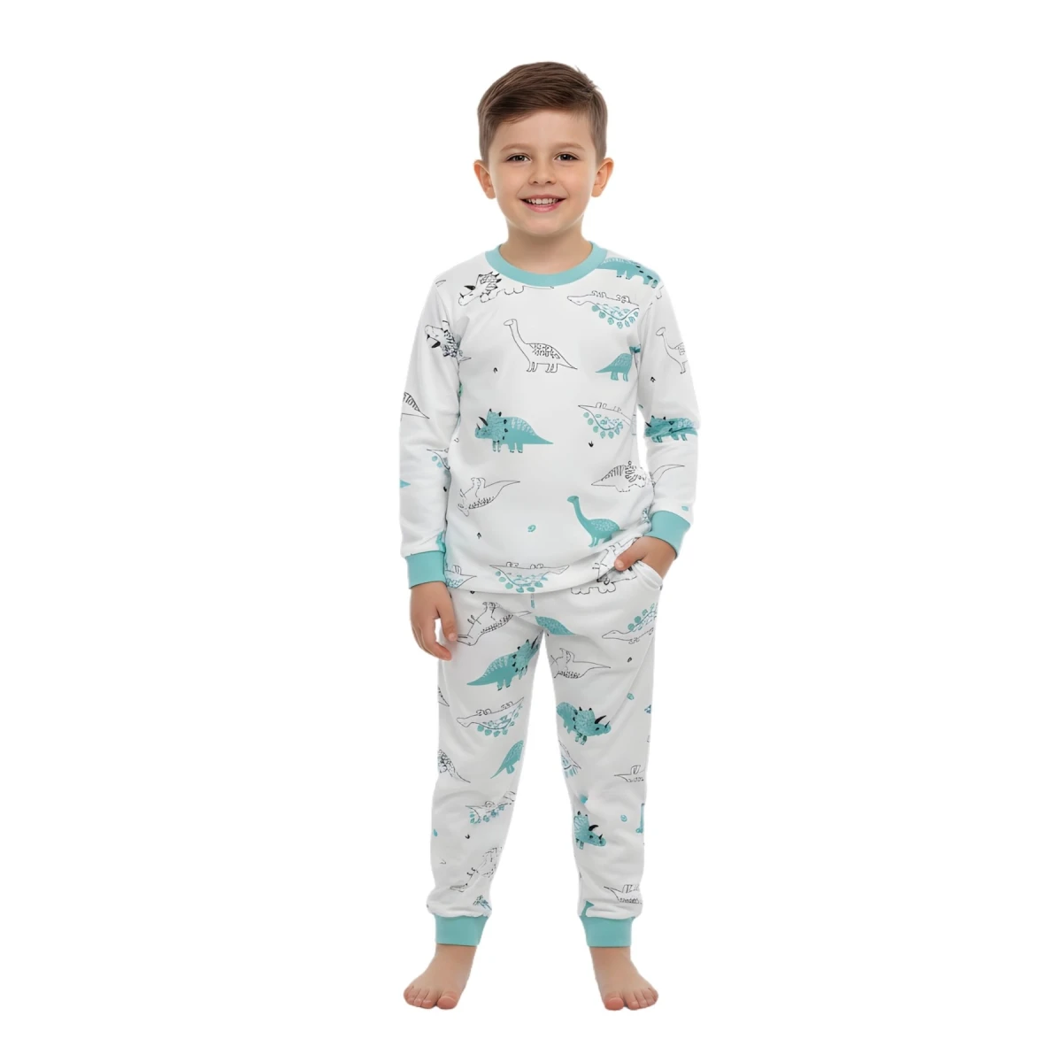 Crew Neck Pajamas Green Dinosaur