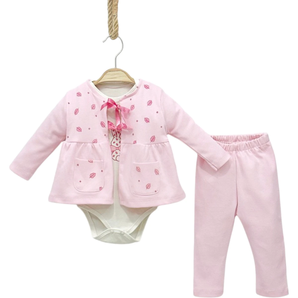 Pocketed Leaf-Print Patterned 3-Piece Set