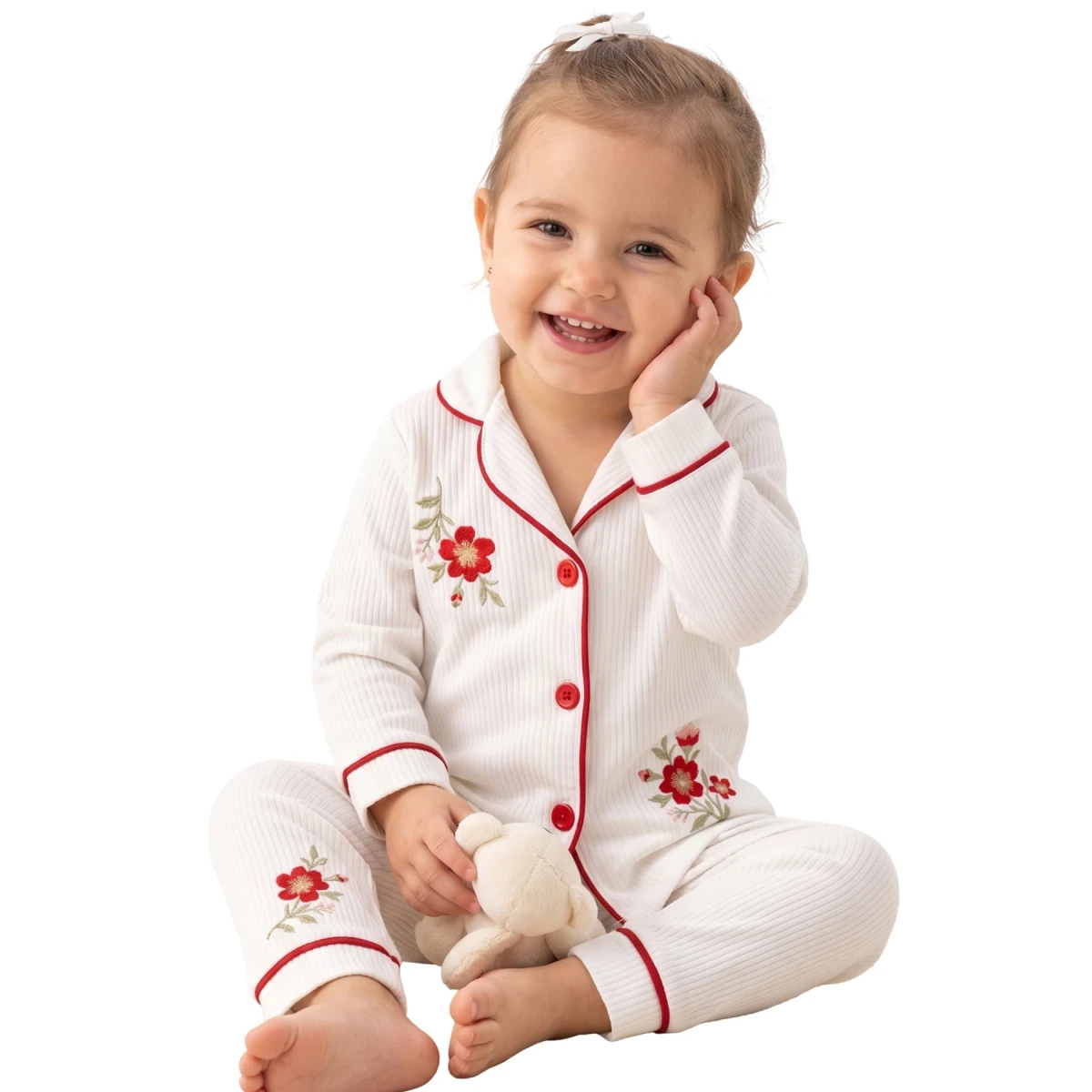 Çiçek Nakışlı Raporlu Yakalı Pijama Takım
