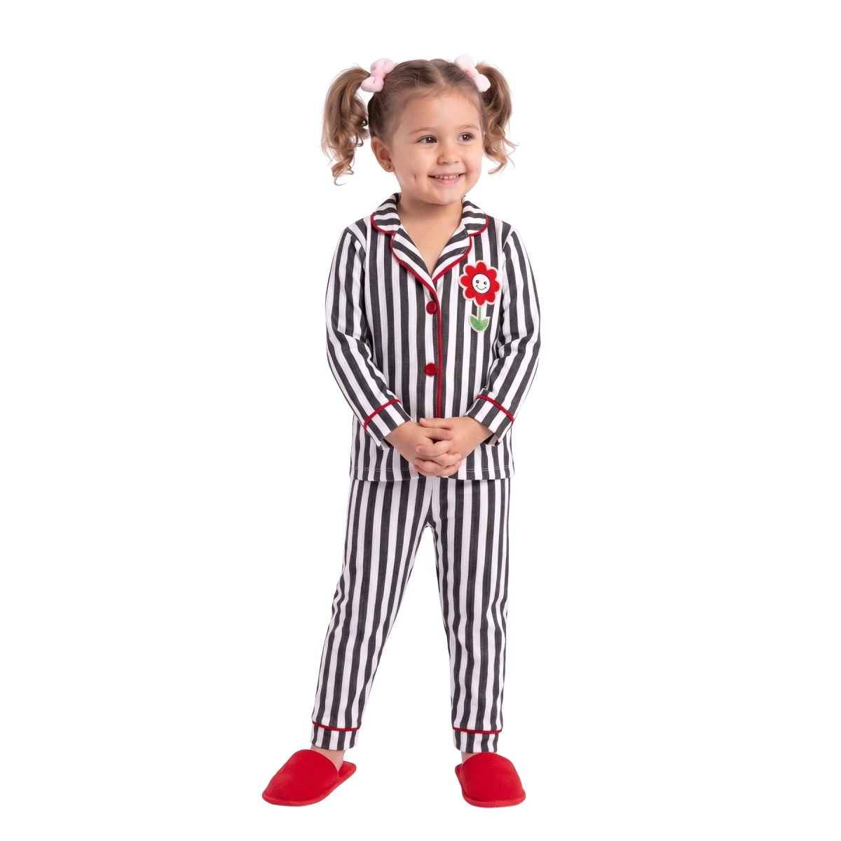 Çiçek Süzeneli Terlik Yaka Pijama Takımı