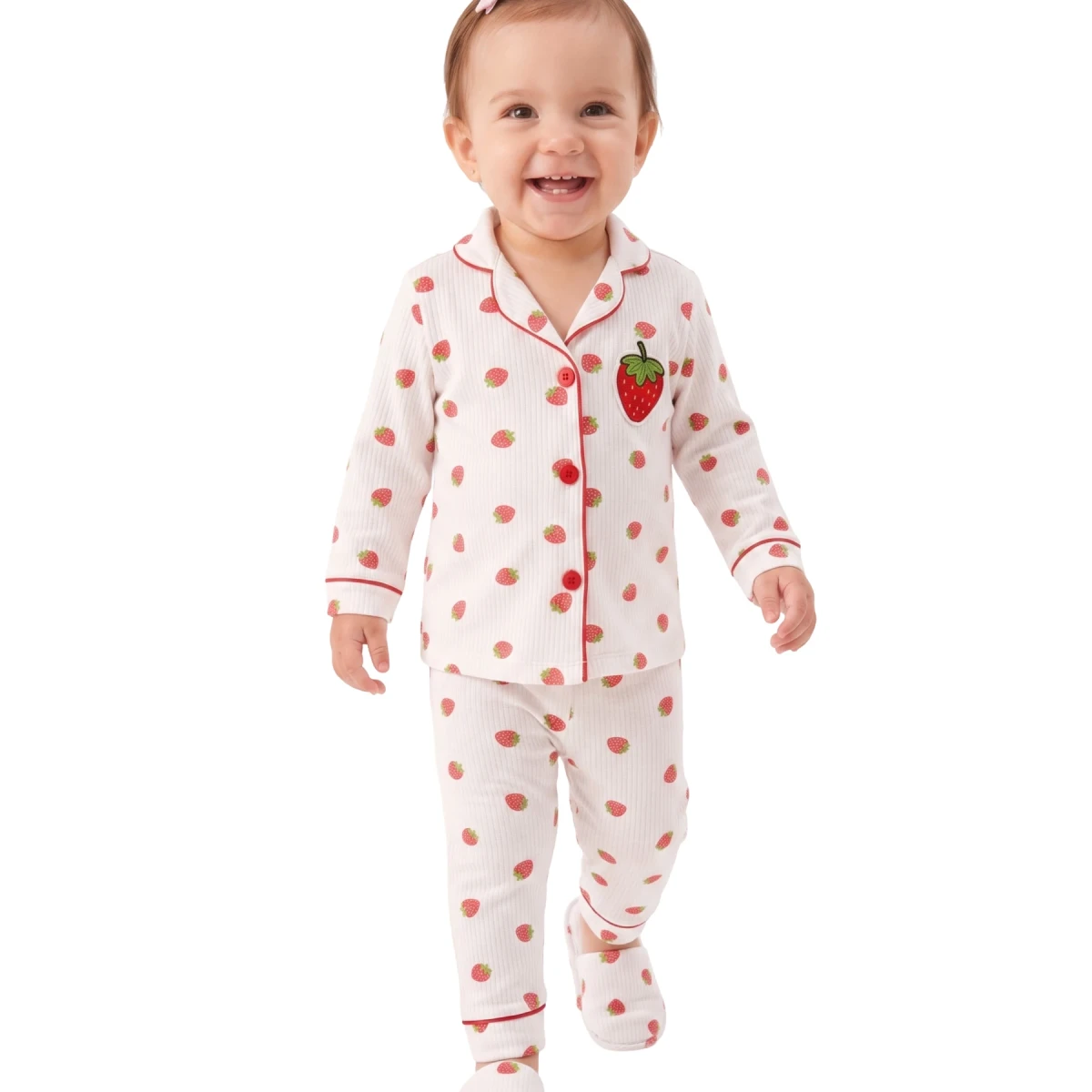 Çilekli Terlikli Yakalı Pijama Takım