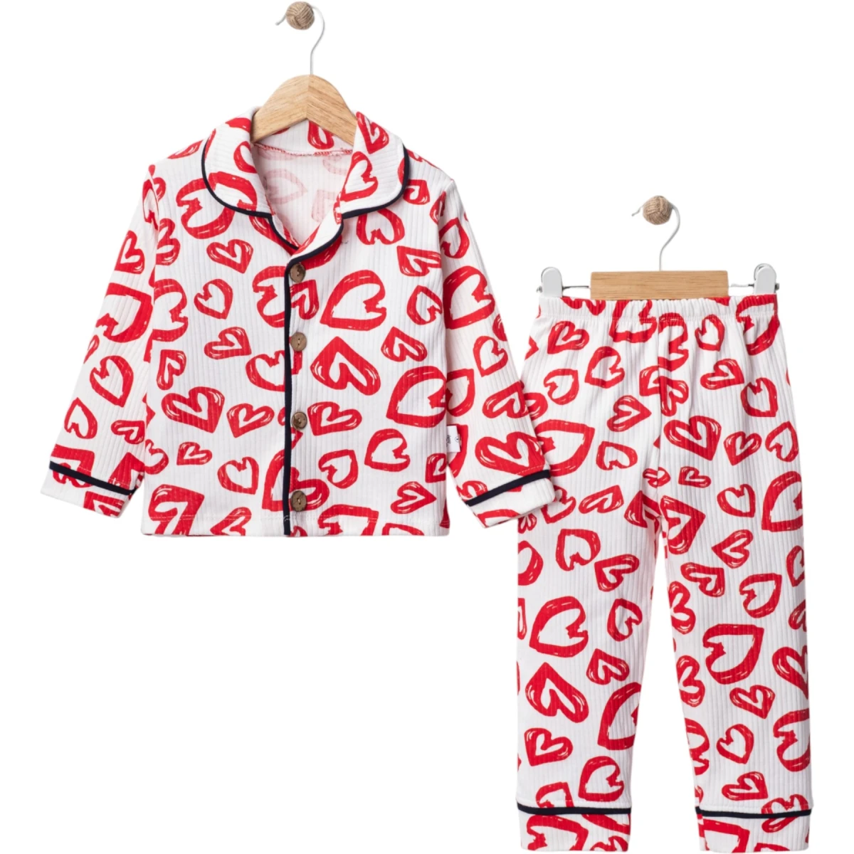 Çizgili Kalpli Biyeli Pijama Takımı