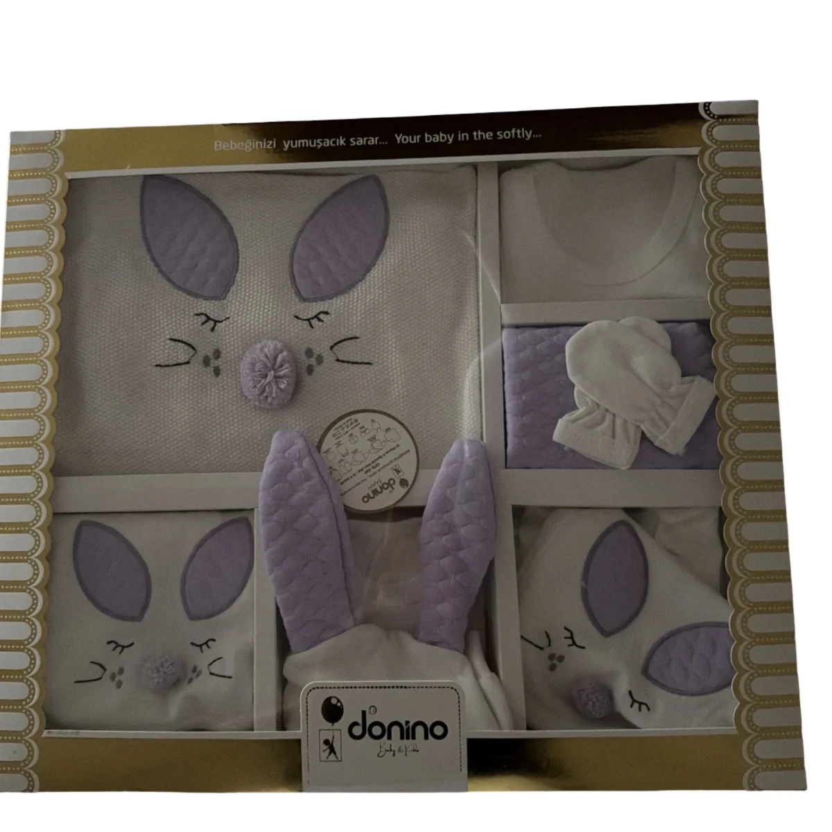 Donino with Ears Rabbit Embroidered 10-Piece Zıbın (Baby Wrap Top) Set