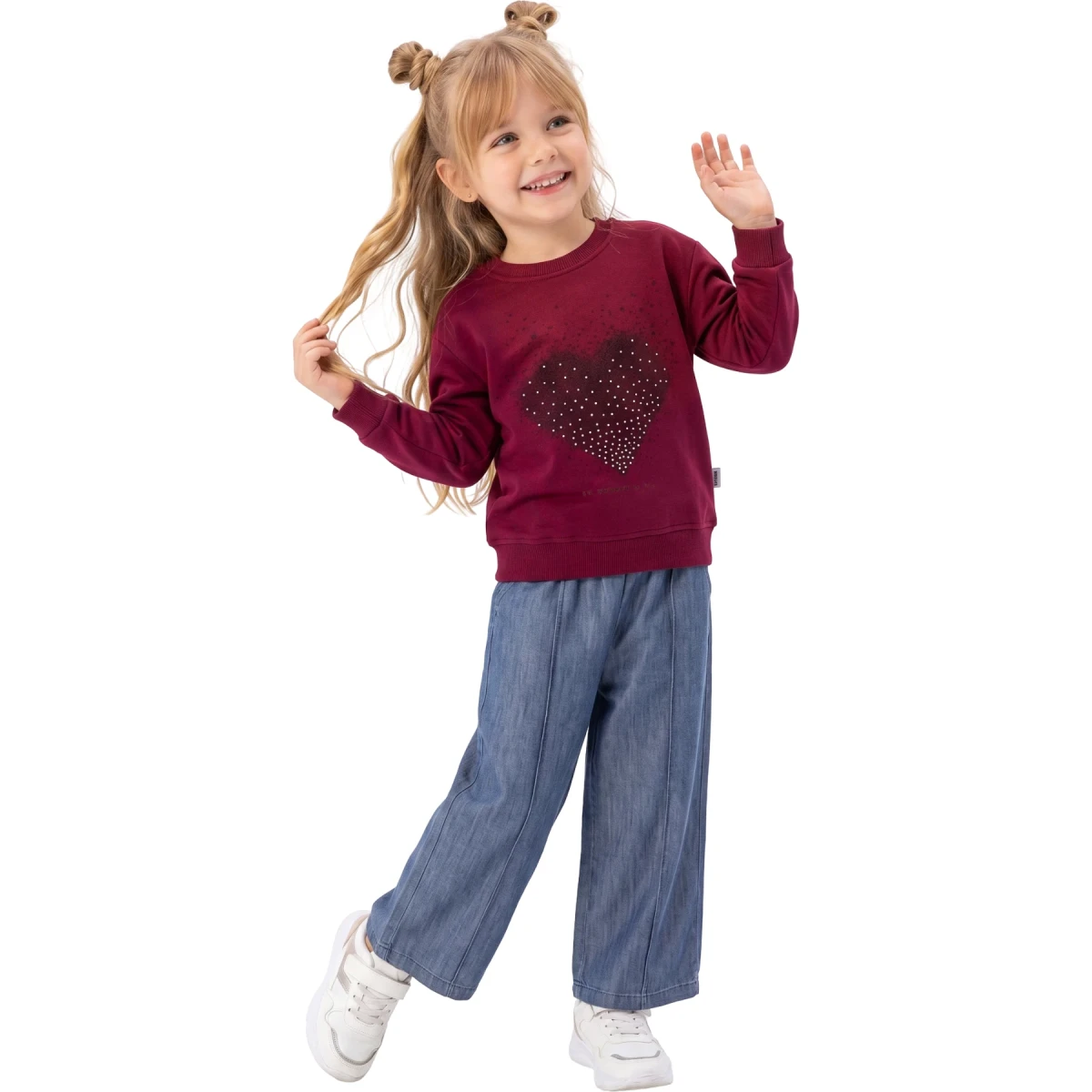 Heart Print Rhinestone Tencel Denim Girl Set