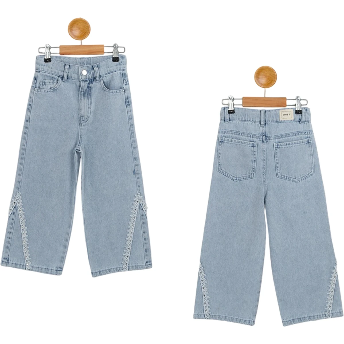 Kemerli Boru Paça Dantelli Kız Kot Pantolon