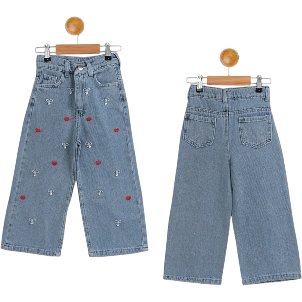Belted Embroidered Rhinestone Girl Denim Trousers