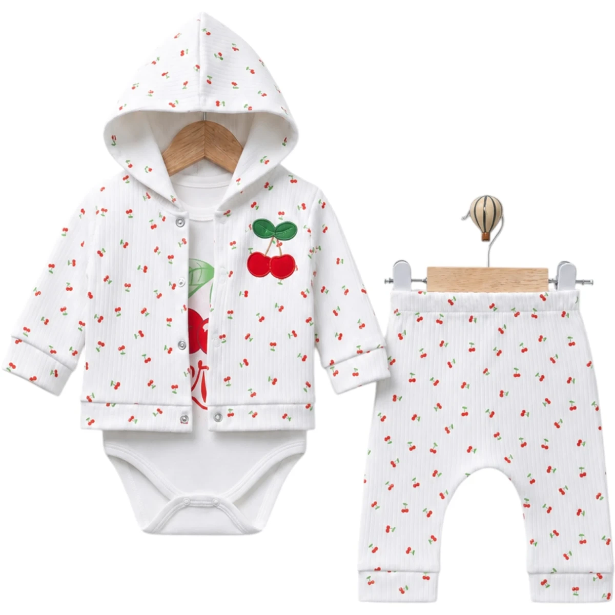 Cherry Print Hooded 3-Piece Bodysuit Set