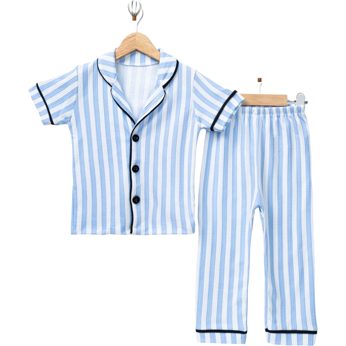 Mavi Çizgili Kısa Kollu Yakalı Pijama Takım