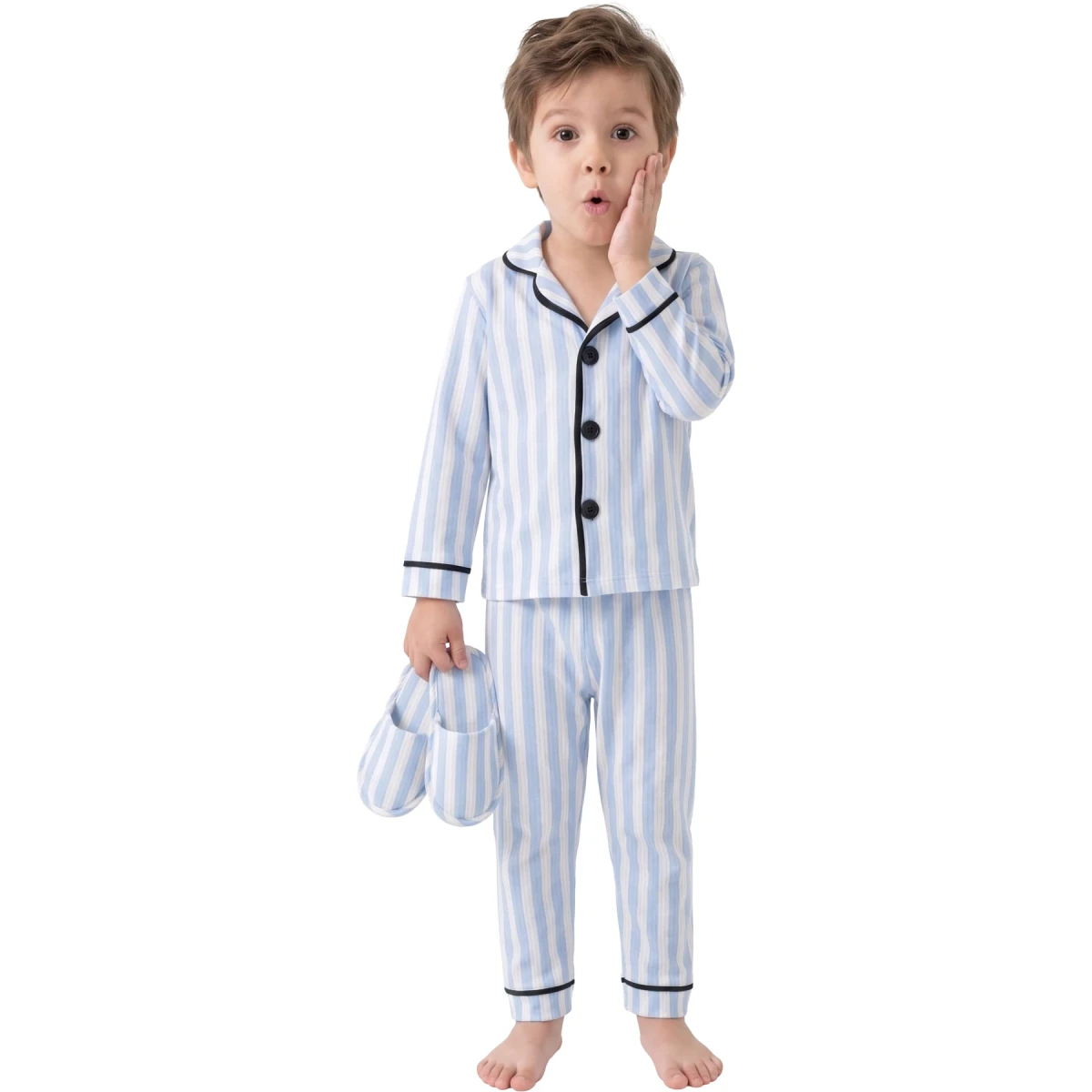 Mavi Çizgili Terlikli 3'lü Pijama Takımı 4 Yaş - 6 Yaş
