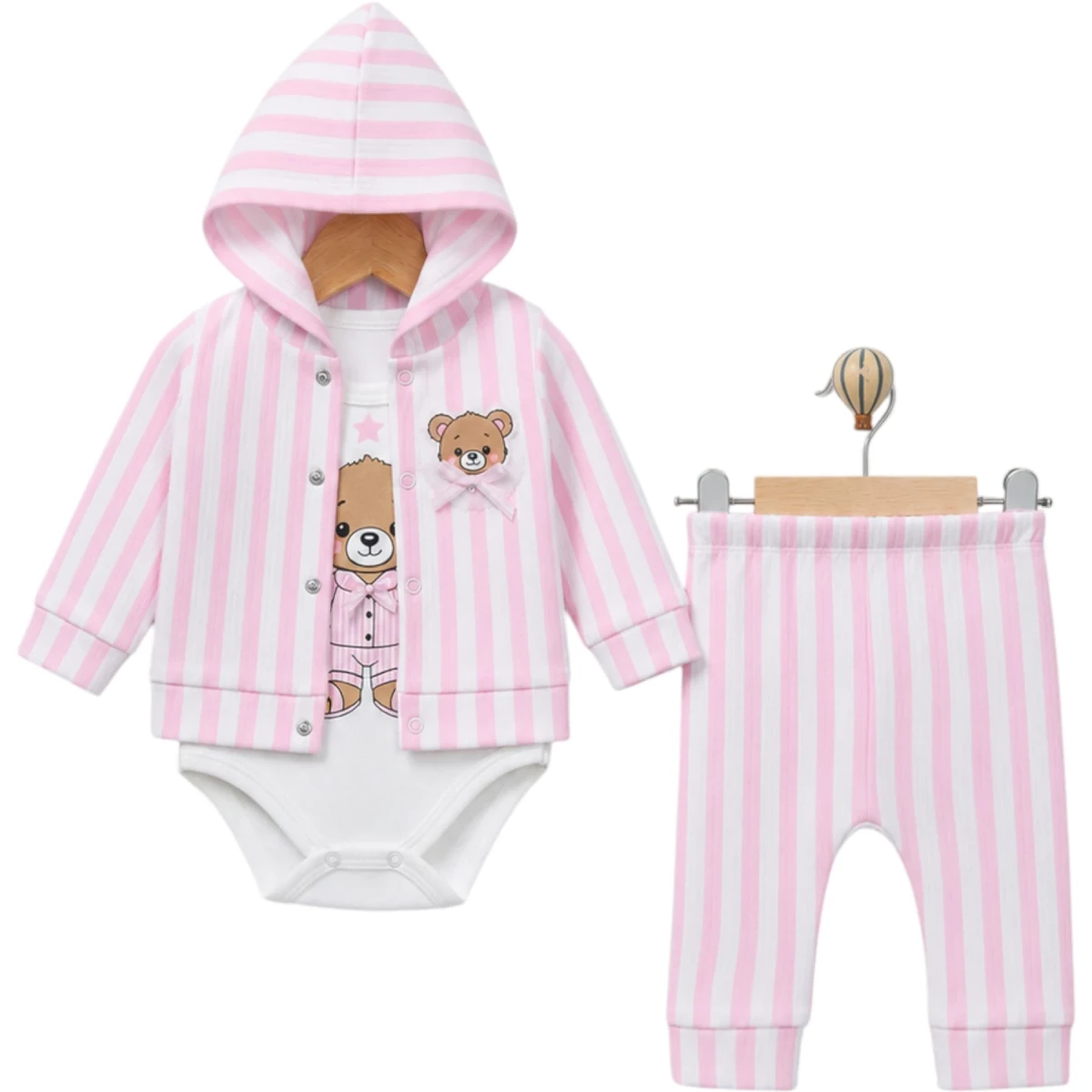 Pink Striped Hooded 3-Piece Bodysuit Set
