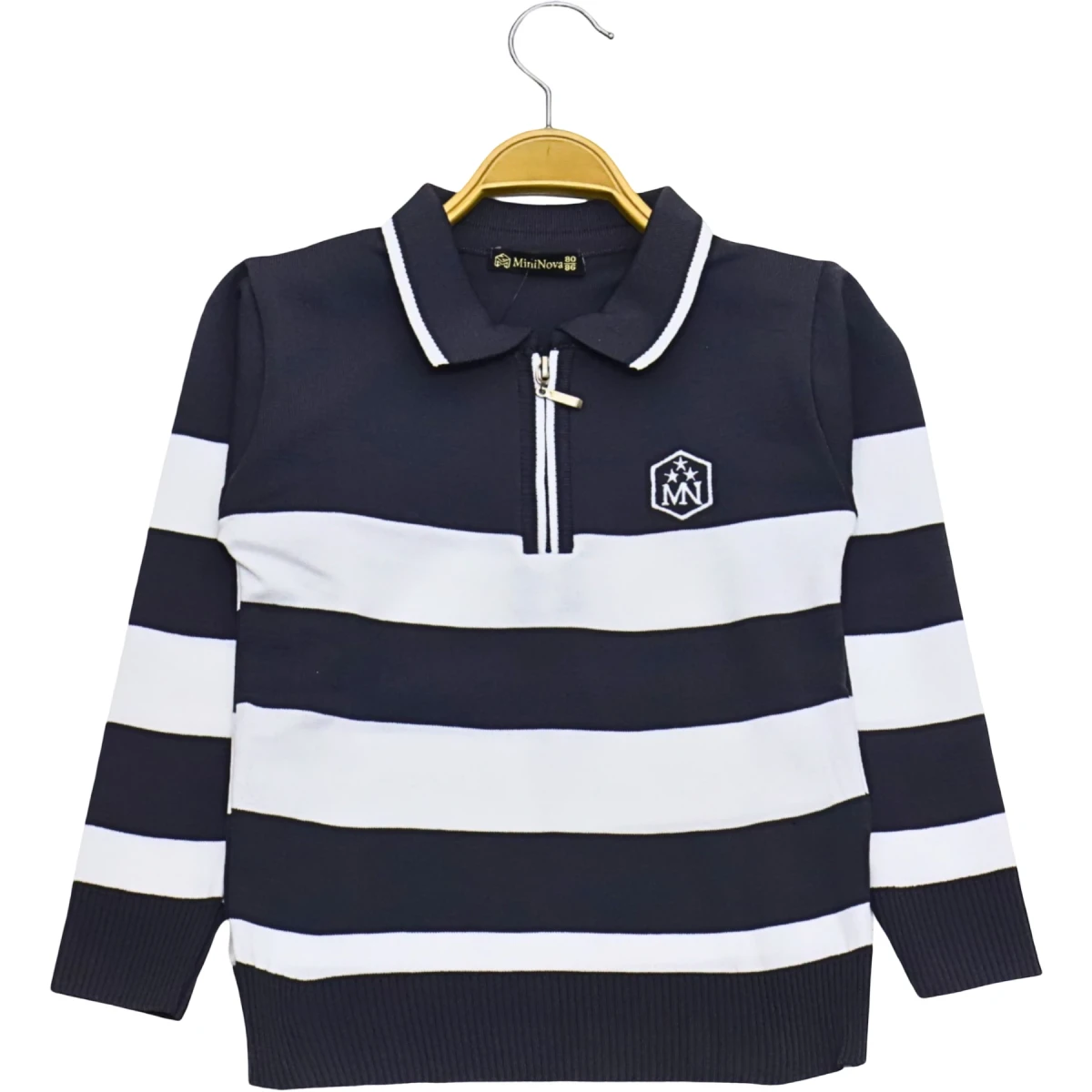 Polo Yaka Fermuarlı Çizgili Sweat