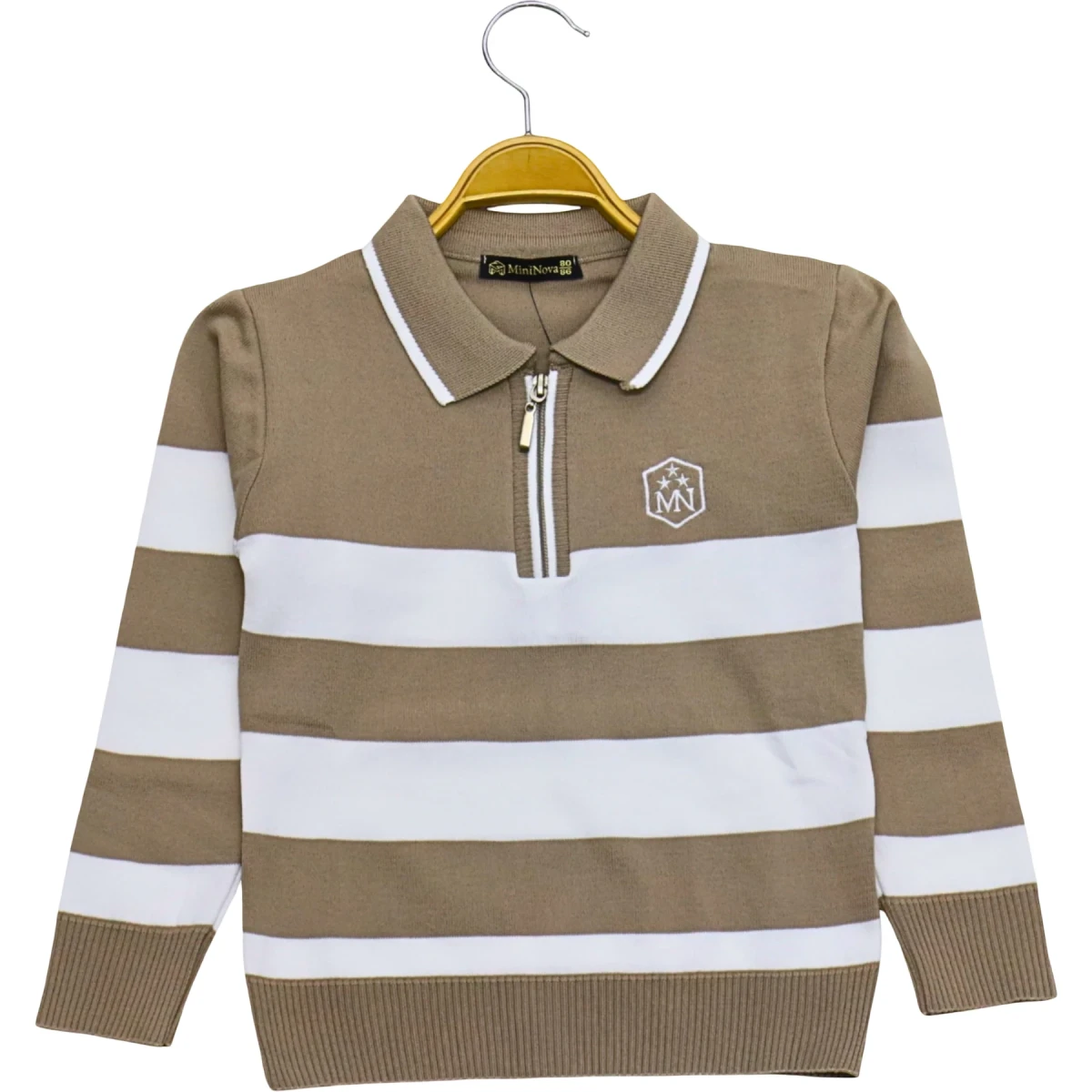 Polo Yaka Fermuarlı Çizgili Sweat