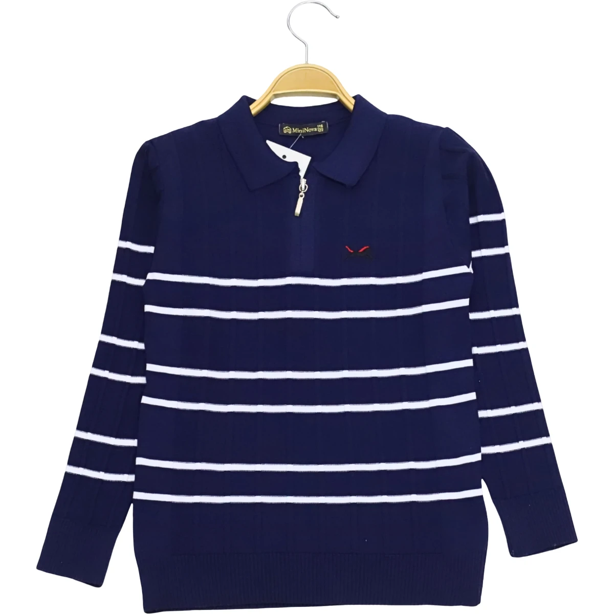 Polo Yaka Fermuarlı Çizgili Sweat