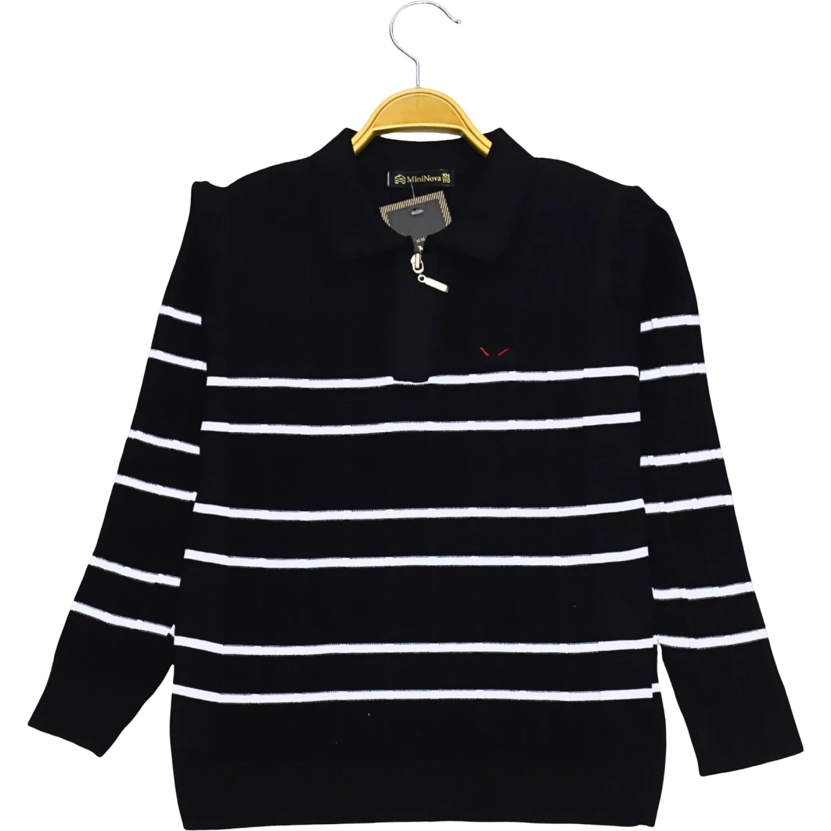 Polo Yaka Fermuarlı Çizgili Sweat