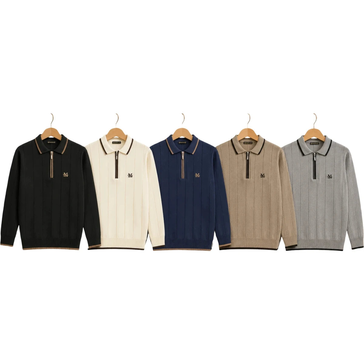 Polo Yaka Fermuarlı Fitil Desen Sweat