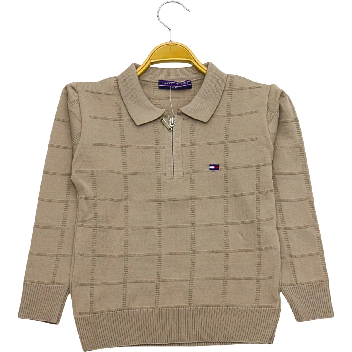 Polo Yaka Fermuarlı Kare Örgülü Sweat