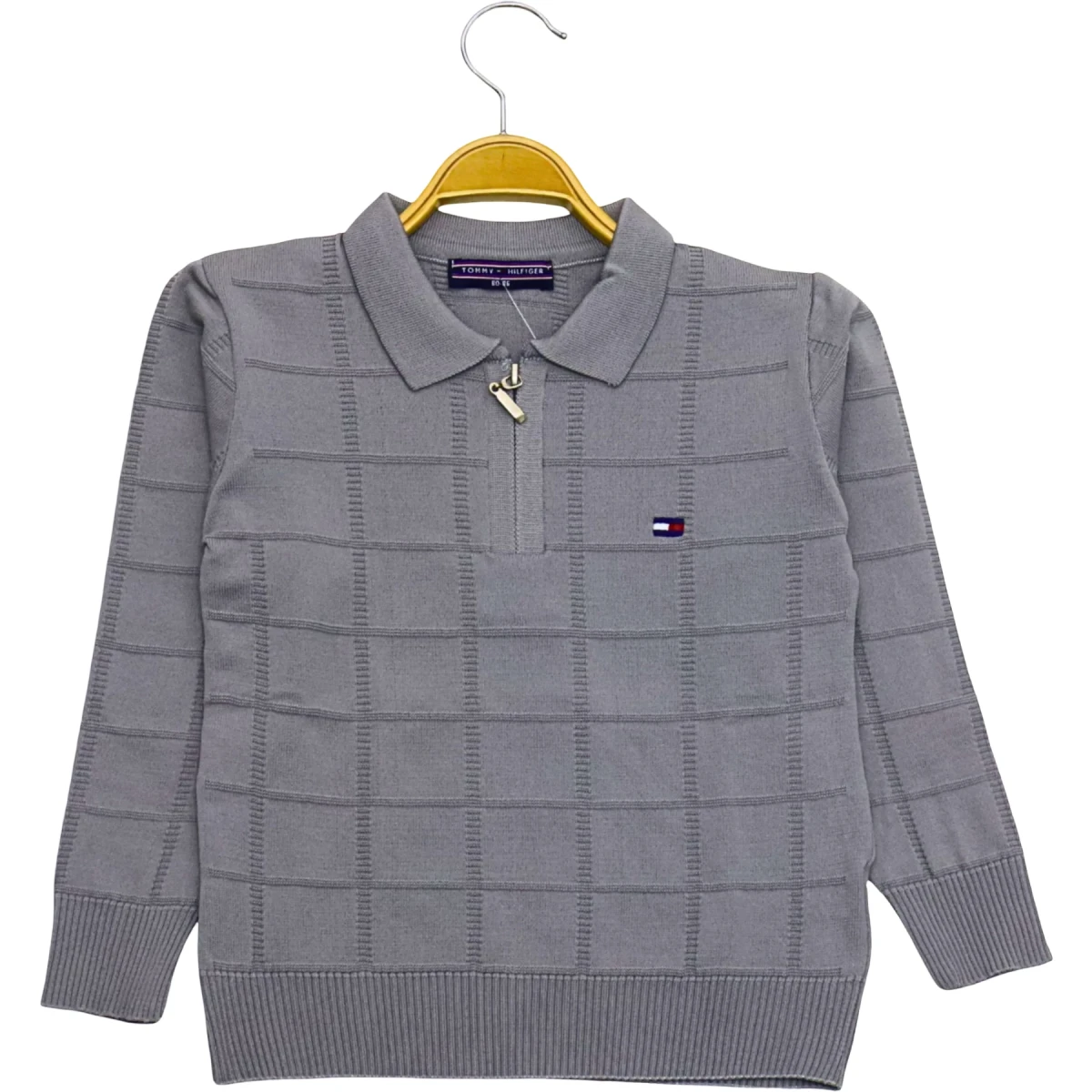Polo Yaka Fermuarlı Kare Örgülü Sweat