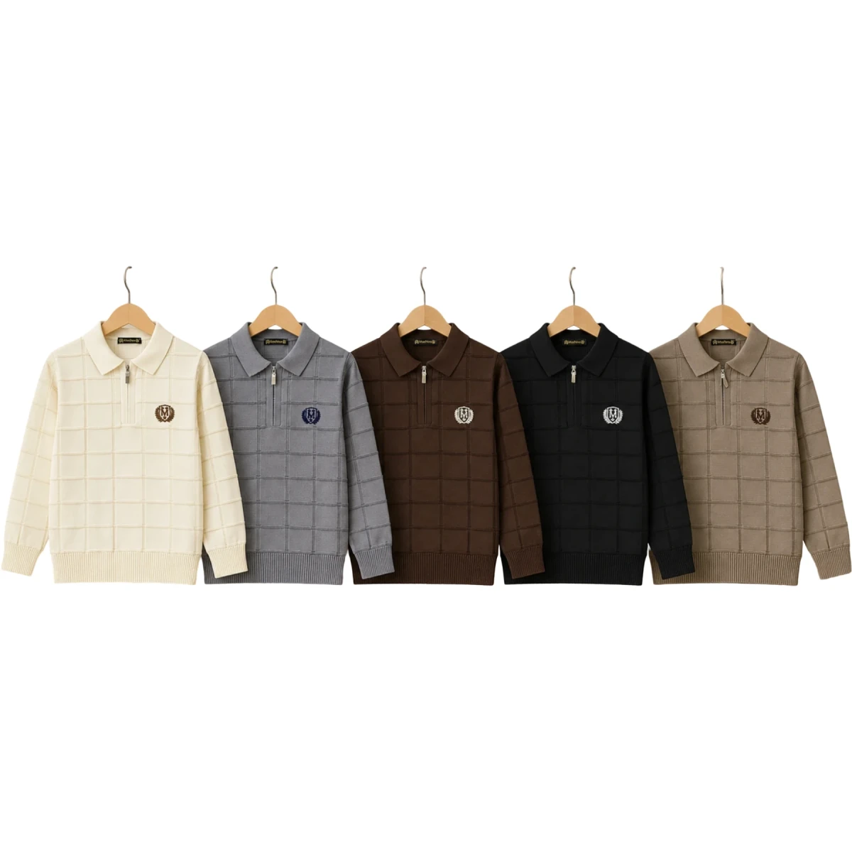 Polo Yaka Fermuarlı Kareli Örgü Sweat