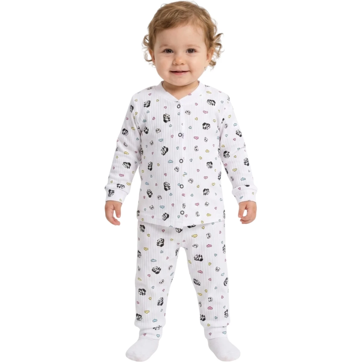 Renkli Panda Raporlu Çıtçıtlı Pijama