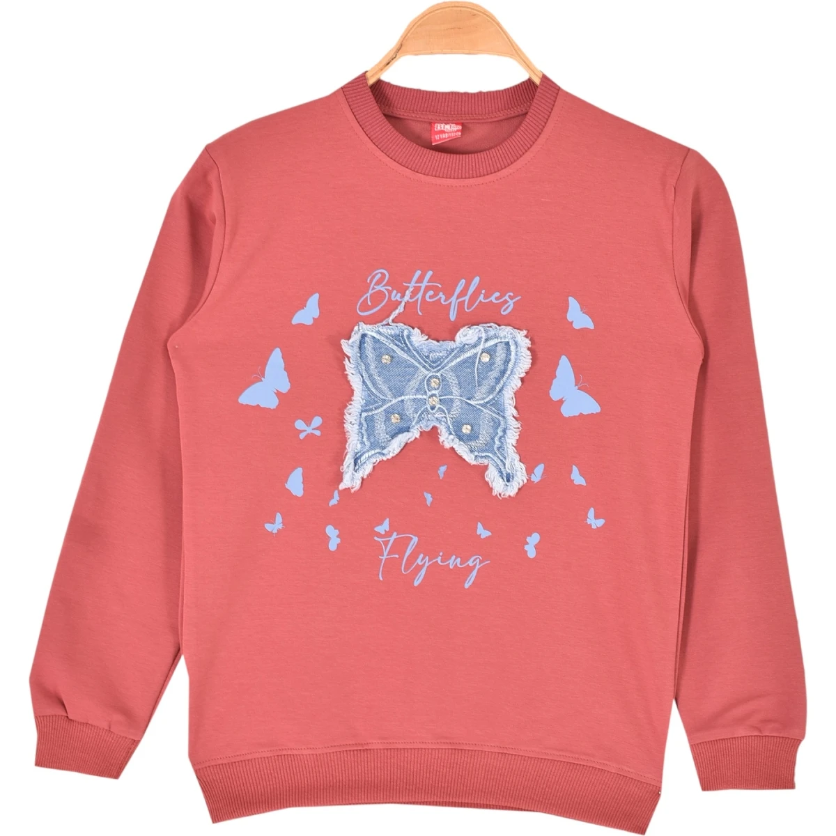 Crew Neck Denim-Print Sweatshirt for Girls