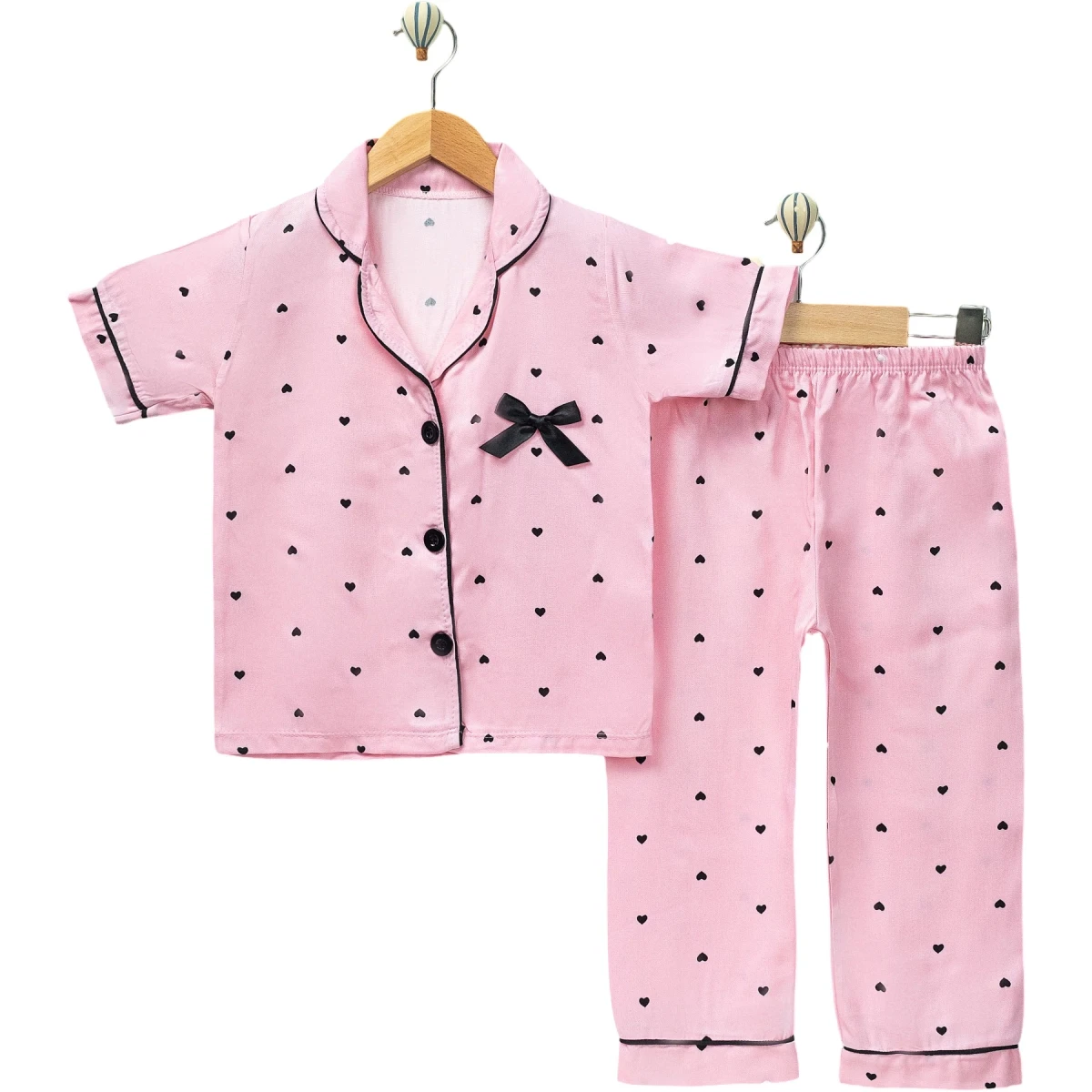 Black Heart Bow Collared Pyjama Set 4Y-6Y