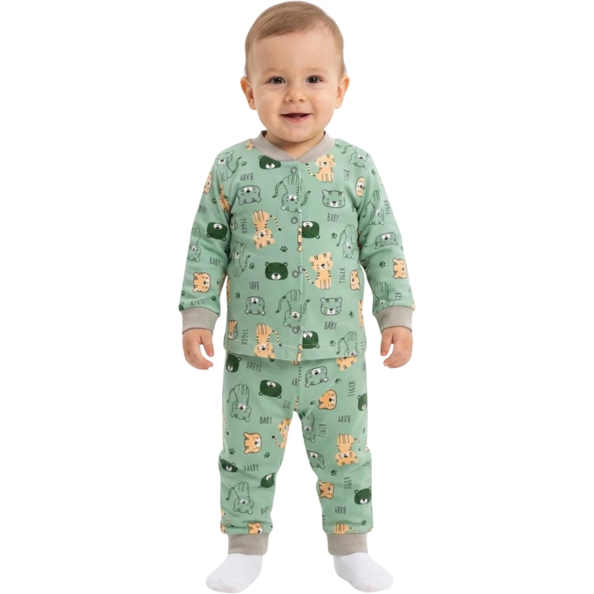 Yeşil Kedi Çıtçıtlı Pijama