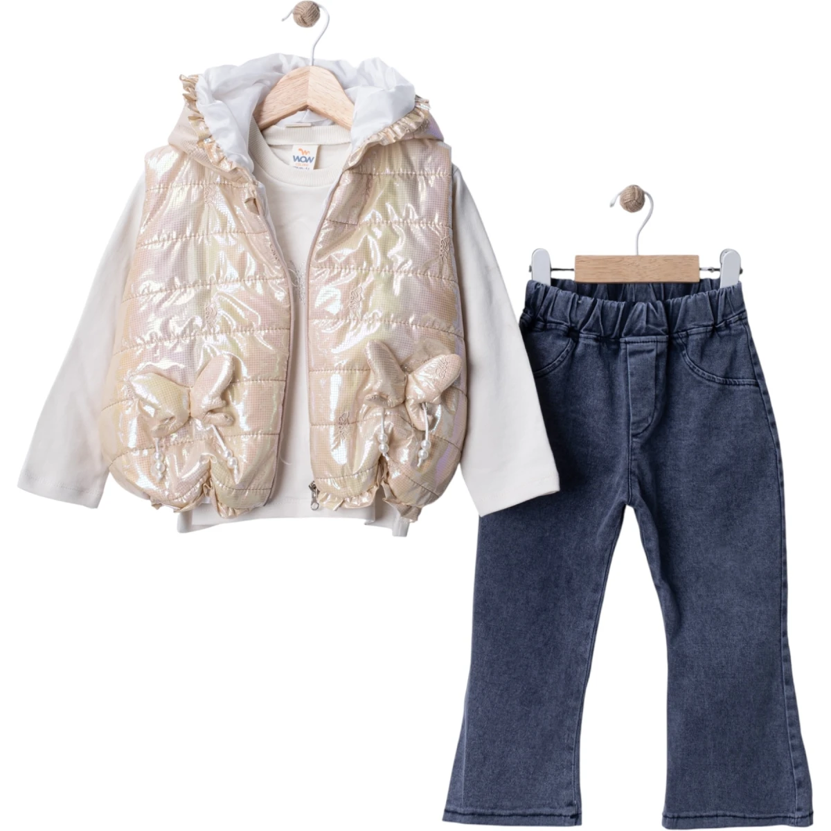 Washed Gabardine Pants And Butterfly-Print Embroidered Micro Fleece With Vest Set