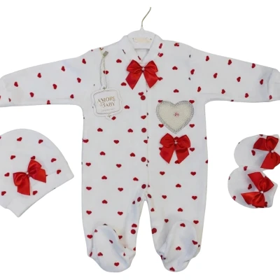 Amore Baby Kadife Baskılı Kalp Tulum Seti