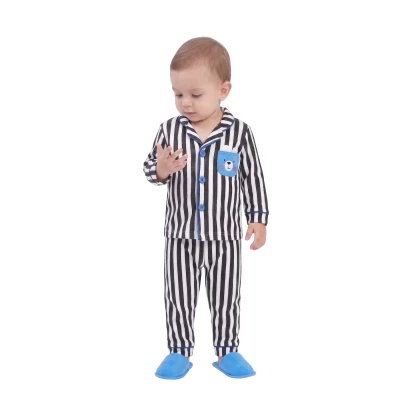 Ayıcık Cepli Çizgili Terlikli Yakalı Pijama Takım 12 Ay - 3 Yaş