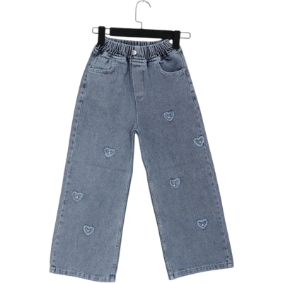 Waist elastic waist straight leg embroidered denim pants