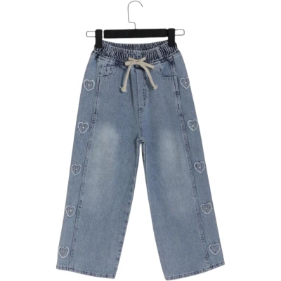 Waist elastic straight-leg embroidered stone-embellished girls' denim trousers