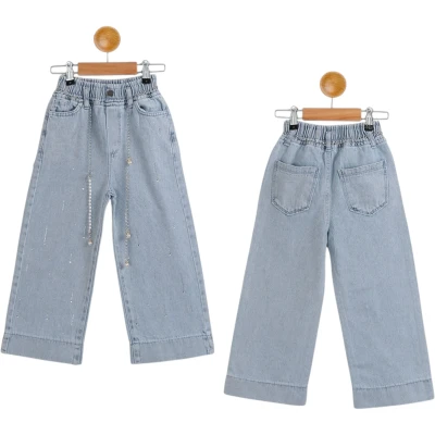 Waist Elastic Straight-Leg Leg Chain Belted Rhinestone Girl Denim