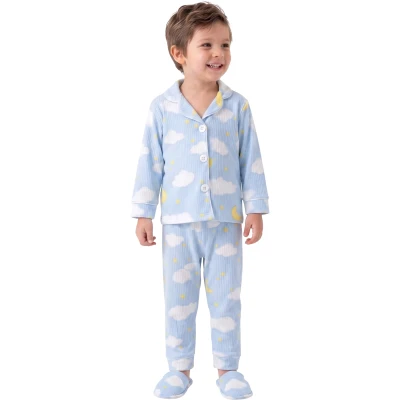 Bulutlu Mavi Terlikli Erkek 3'lü Pijama Takımı 4 Yaş - 6 Yaş