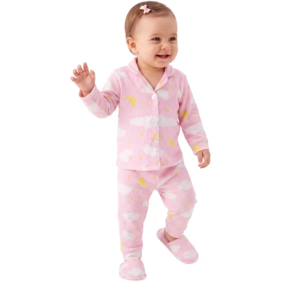 Bulutlu Pembe Terlikli Kız 3'lü Pijama Takımı 12 Ay - 3 Yaş