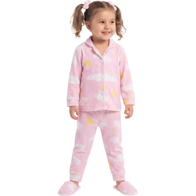 Bulutlu Pembe Terlikli Kız 3'lü Pijama Takımı 4 Yaş - 6 Yaş