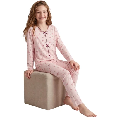 Çiçek Desenli Fiyonklu Pijama Takım