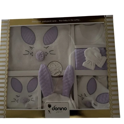 Donino with Ears Rabbit Embroidered 10-Piece Zıbın (Baby Wrap Top) Set