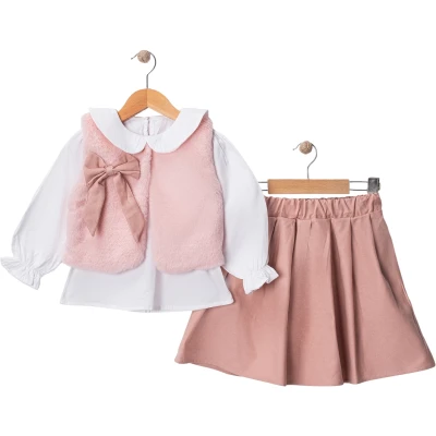 Gabardine Skirt Plush With Vest With Shirt Set