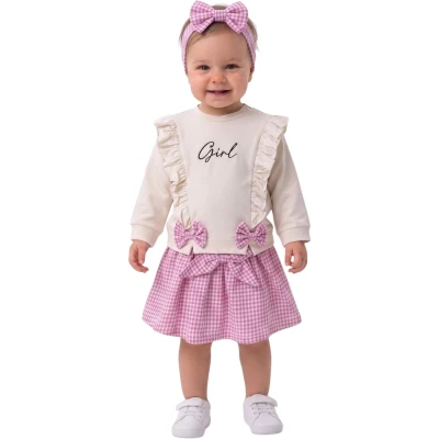 Girl Nakışlı Fiyonklu Bandanalı Etekli Takım