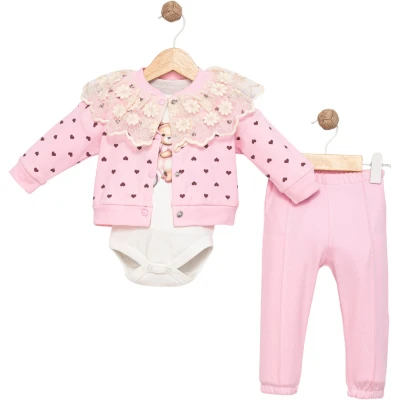 Heart Printed Guipure Lace Collared 3-Piece Set