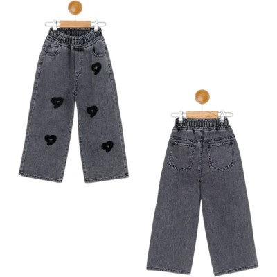 Heart Embroidered Girls' Denim Trousers