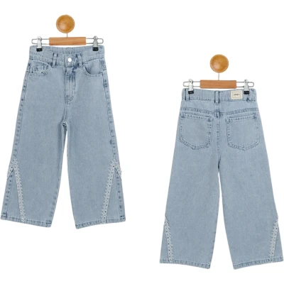 Kemerli Boru Paça Dantelli Kız Kot Pantolon