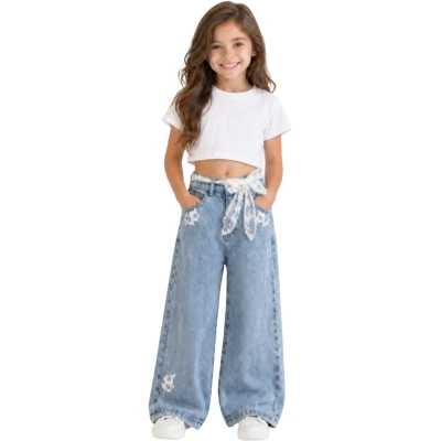 Lace Trim Straight Leg Denim Jeans 6Y-10Y