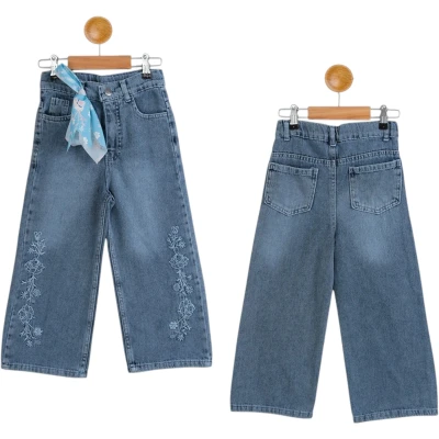 Belted Embroidered Girl Denim Trousers