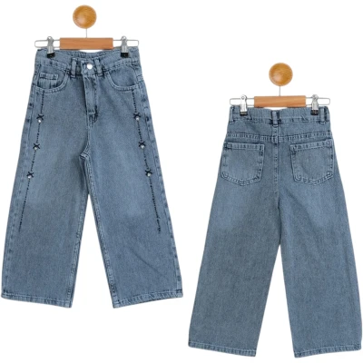 Belted Embroidered Rhinestone Girl Denim Trousers